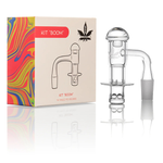 Glass smoking device with colorful 'KIT 'BOOM' packaging on a white background