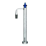 Glass measuring cylinder with blue cap on a white background