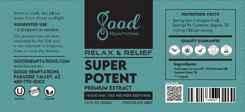 Good Hemptations Relax & Relief Tincture 4000mg Chocolate Mint Full Spectrum  Nature's Secret