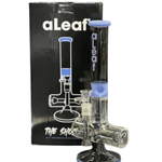 Glass smoking device with blue accents on a white background, featuring the brand 'aLeaf'.