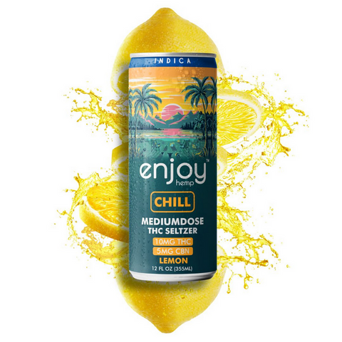 Expert-formulated Enjoy Hemp THC CBN seltzer: 10mg Delta-9 THC + 5mg CBN indica lemon for trusted, hangover-free chill—natural, vegan, federally legal hemp